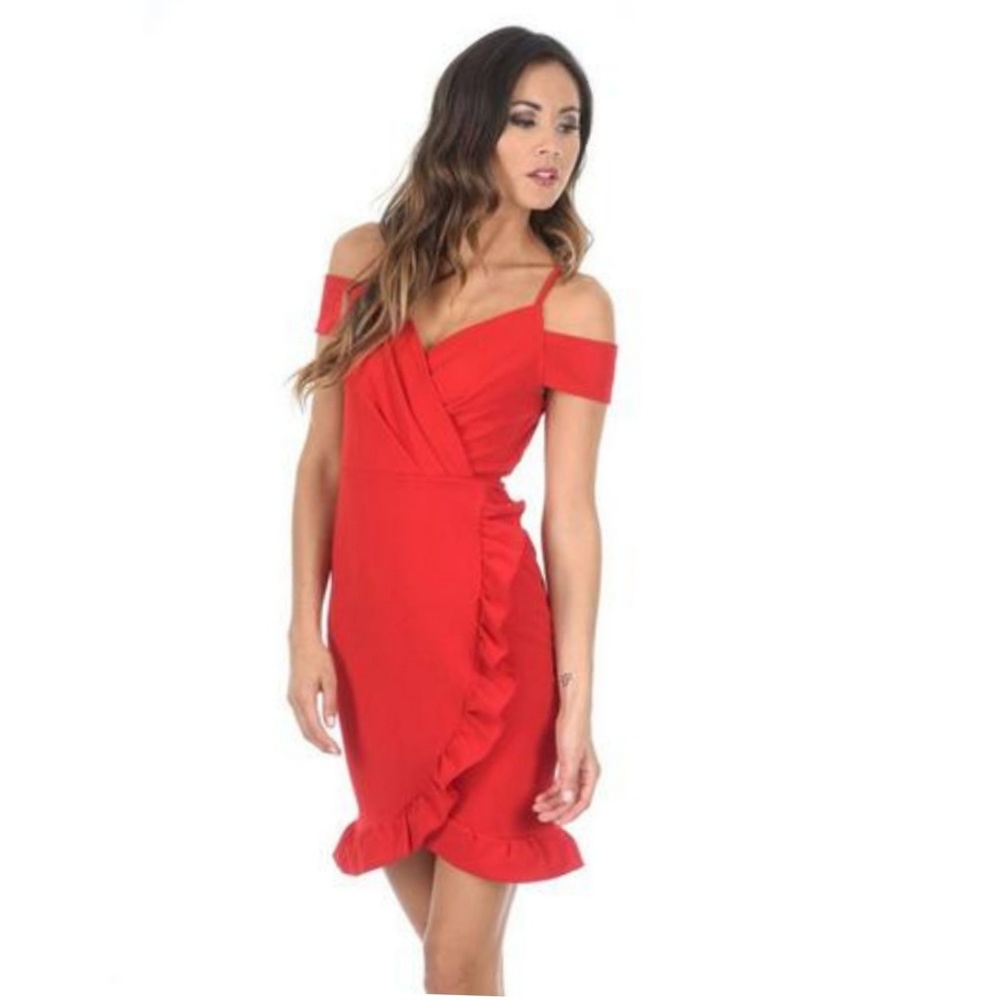 AX Paris Women's Red Cold Shoulder Wrap Mini Dress